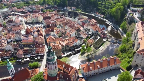 Cesky Krumlov 4K. Drone. Sunny River Stream. Beautiful Czech Republic Stock Footage 316729976
