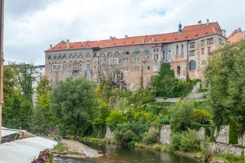 Cesky Krumlov Castle Complex View Above Vltava River Stock Photos