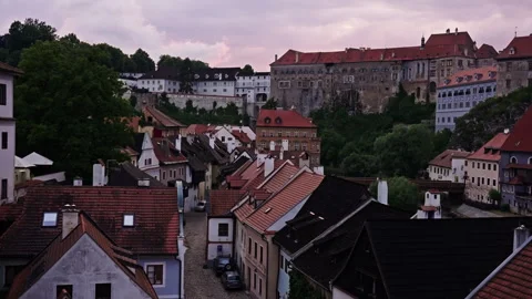 Český Krumlov Rooftops and Castle in Soft Evening Light Stock Footage 313385107