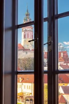 Cesky Krumlov tower seen from window, Cesky Krumlov, Czech Republic Stock Photos