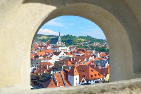 Cesky Krumlov view through a stone arch Stock Photos