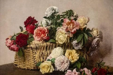  cesto con rosas cesto con rosas, Fantin-Latour, francia 1885, oleo sobre ... Stock Photos