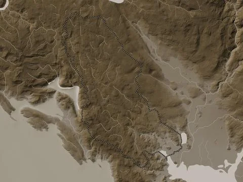 Cetinje, Montenegro. Elevation map colored in sepia tones with lakes and rive Stock Illustration