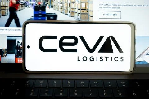 Ceva logistics logo on communication device showing global supply chain 写真素材