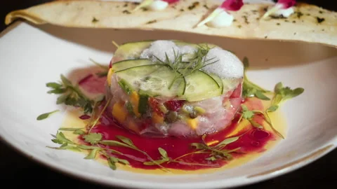 Ceviche plated in fine dining restaurant, slider HD Stock Footage 162308248