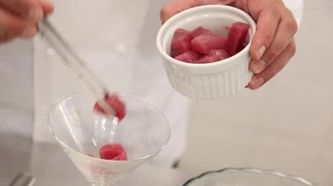 Ceviche - salmon cubes in a cup Stock Footage 46531268