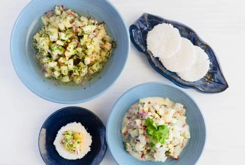 Ceviche with Tapioca on a blue and white background Stock Photos