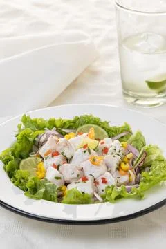 Ceviche, typical fish-based dish of Peruvian cuisine on light background. Stockfoto's