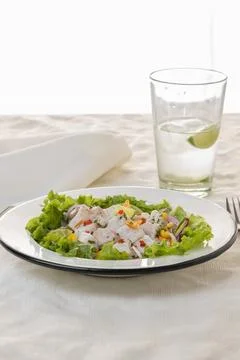 Ceviche, typical fish-based dish of Peruvian cuisine on white tablecloth. Stock Photos