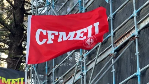 CFMEU Trade Union Red Flag Waving at Construction Site in Broadbeach Stock Footage 345099894