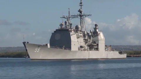 CG 59 departs from Joint Base Pearl Harbor-Hickam during Pacific Rim - 2016 Stock Footage 93177887