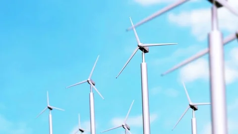 CG animated White modern wind turbines spinning rapidly Stock Footage 73843134