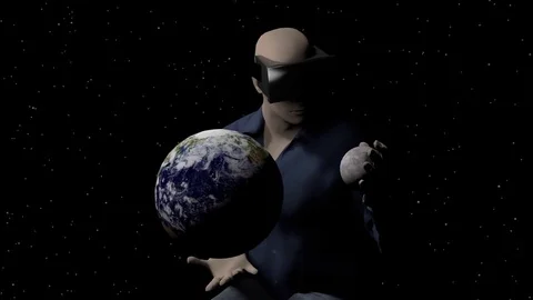 CG animation of man with vr headset interacting with earth and moon Video stock 75243465