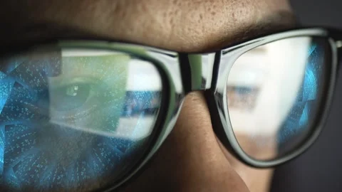 Cg collage in glasses against the background of eyes reflects chaos in the form Stock Footage 263880488