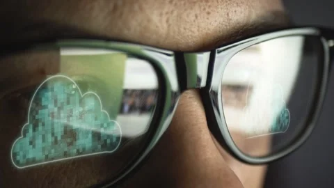Cg collage in glasses reflection internet search and digital pixel clouds Stock Footage 263880534