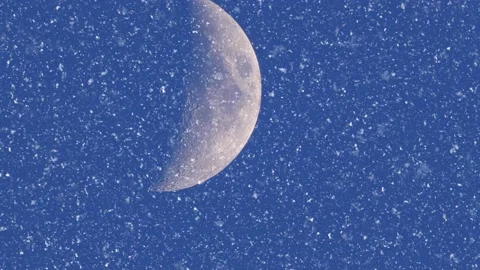 CG falling snow against the moon in a blue evening sky Stock Footage 146899895