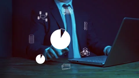Cg footage. Against the background of a gesturing man, symbols of his activities Stock Footage 276601223