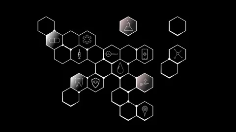 Cg footage background of torn hexagons in which medical themed symbols appear Stock Footage 263808957