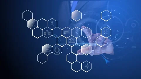 Cg a network of hexagons with symbols of digital education and the development Stock Footage 269140289