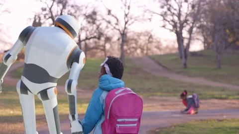 CG Robot taking walk with Kid - Visual Effects Animation Vídeo Stock 102143283