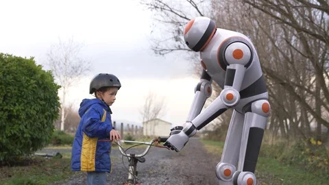 CG Robot Teaching Kid to Ride Bike - Visual Effects Animation Stock Footage