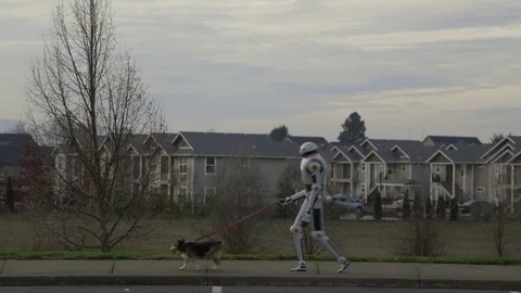 CG Robot Walking Dog in Live Action Footage - Visual Effects Vídeo Stock 102143228