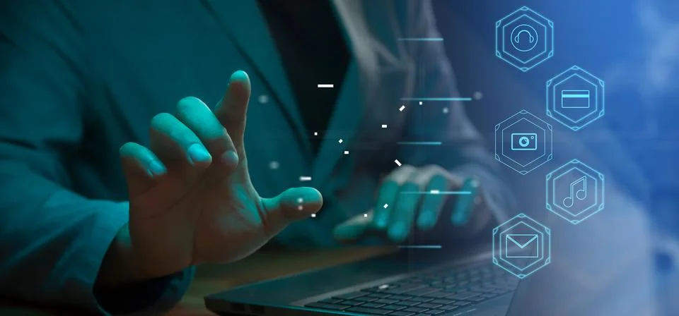 Cg tech collage. Against the background of a silhouette of an employee with.. Stock Photos