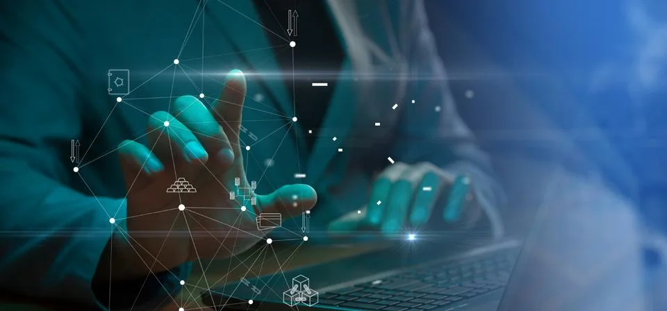 Cg tech collage. Against the background of a silhouette of an employee with a Stock Photos