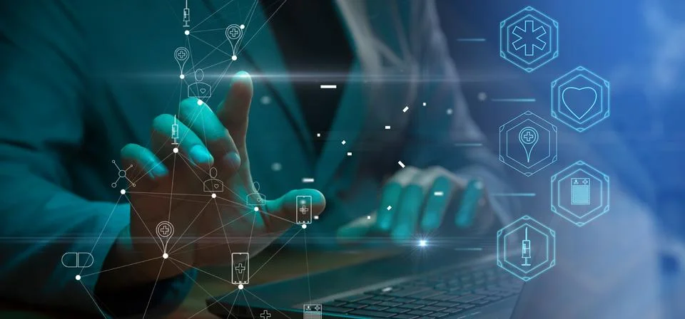 Cg tech collage. Against the background of a silhouette of an employee with.. Stock Photos