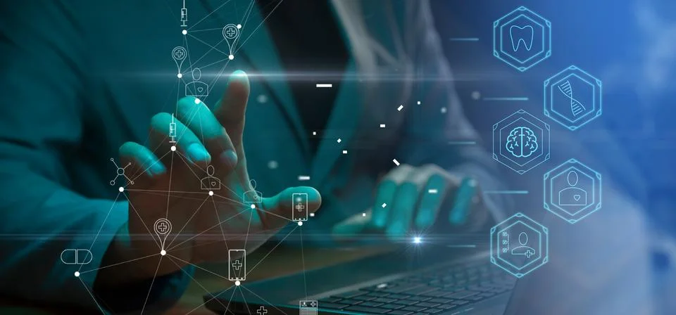 Cg tech collage. Against the background of a silhouette of an employee with.. Stock Photos