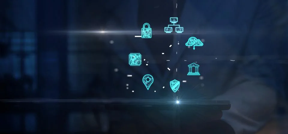 Cg tech collage. Against the background of a silhouette of an employee with a Stock Photos