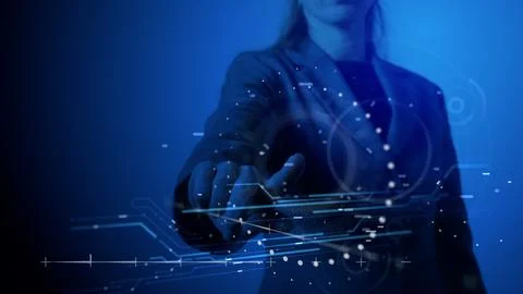 Cg tech collage. Dark background with a silhouette of a business woman touchi Stock Photos