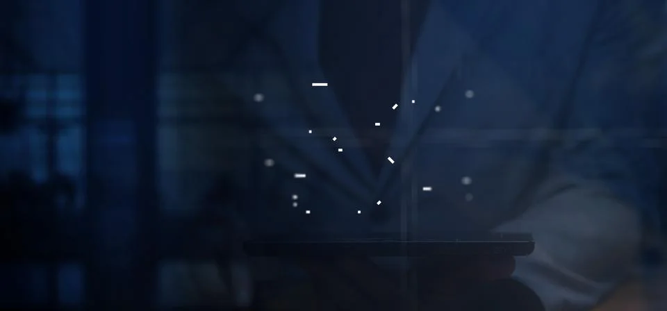 Cg tech collage. Dark background with a silhouette of a business man with a.. Stock Photos