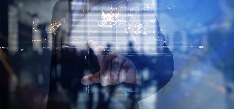 Cg tech collage. Dark background with a silhouette of a business man and a cr Foto stock