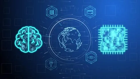 Cg tech collage. A digital human brain and an AI between which rays of inform Foto stock