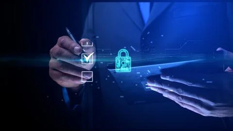 Cg tech collage. A digital lock against the background of a silhouette of a.. Stock Photos