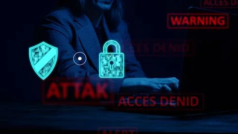 Cg tech collage. A digital shield and a lock against the background of a silh Stock Photos