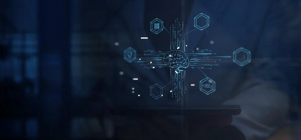 Cg tech collage. Human digital brain and AI chip inside database protection.. Stock Photos