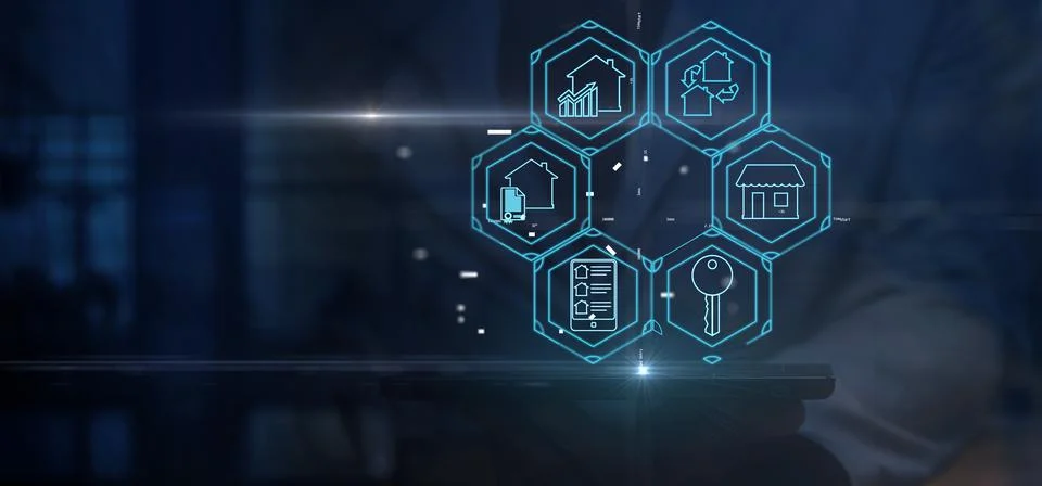 Cg tech collage. On a technological background there is a circle of hexagon.. Stock Photos