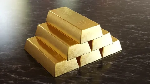 CGI animation: Aerial view of a glittering pile of gold bars inscribed Stock Footage 234102968