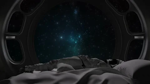 CGI Animation: An astronaut lying on a bed with a large round window Stock Footage 234936138