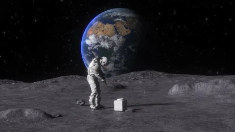 CGI Animation: an astronaut playing golf on the moon alone Stock Footage 234936180