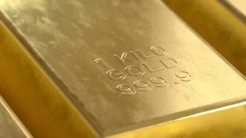 CGI animation: Close up a shining gold bar inscribed Stock Footage 234102966