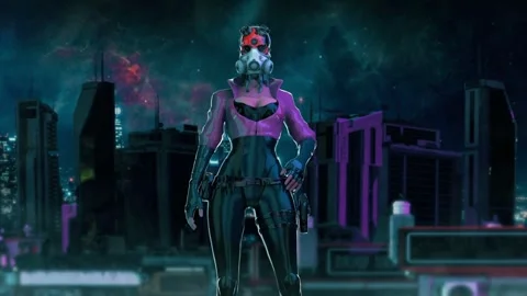 CGI Animation: a cyberpunk in full mask in the middle of a night metro city. Stock Footage 245592546