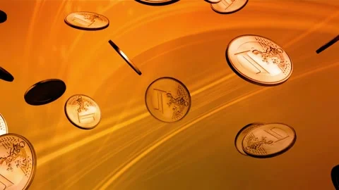 CGI Animation of Euro Coins Falling and Spinning in Orange Light 库存影片 320525771