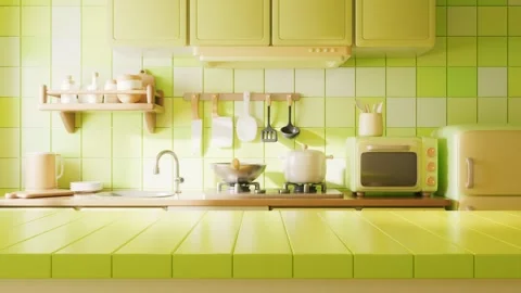 CGI animation of green miniature kitchen with sunlight passing through window Stock Footage 327517293
