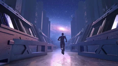 CGI Animation: A man running down the halls of a metro city. 4K Footage Stock Footage 245866912