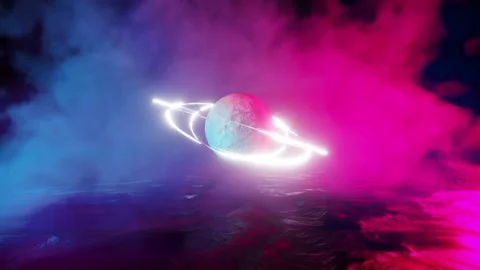 CGI Animation: The misty room is a blue-purple orb with a sparkling ring Stock Footage 234103113
