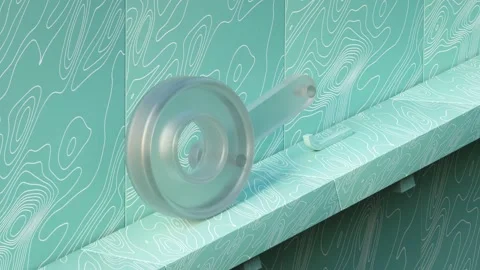 CGI Animation: Perpetual movement transparant wheel rotates with a hook handle. Stock Footage 234936902