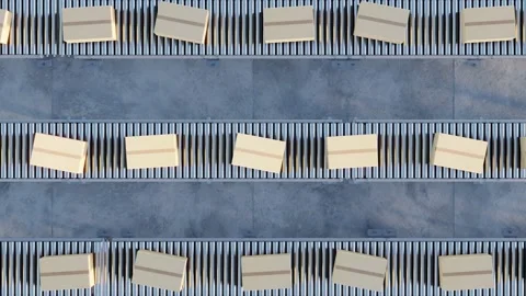 CGI Animation: A queue of cardboard boxes running on a roller conveyor. 4K Foota Stock Footage 234938180